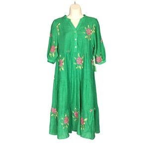 Fig + Flower Green Embroidered Floral Tiered Midi Dress Petite M NWT Peasant